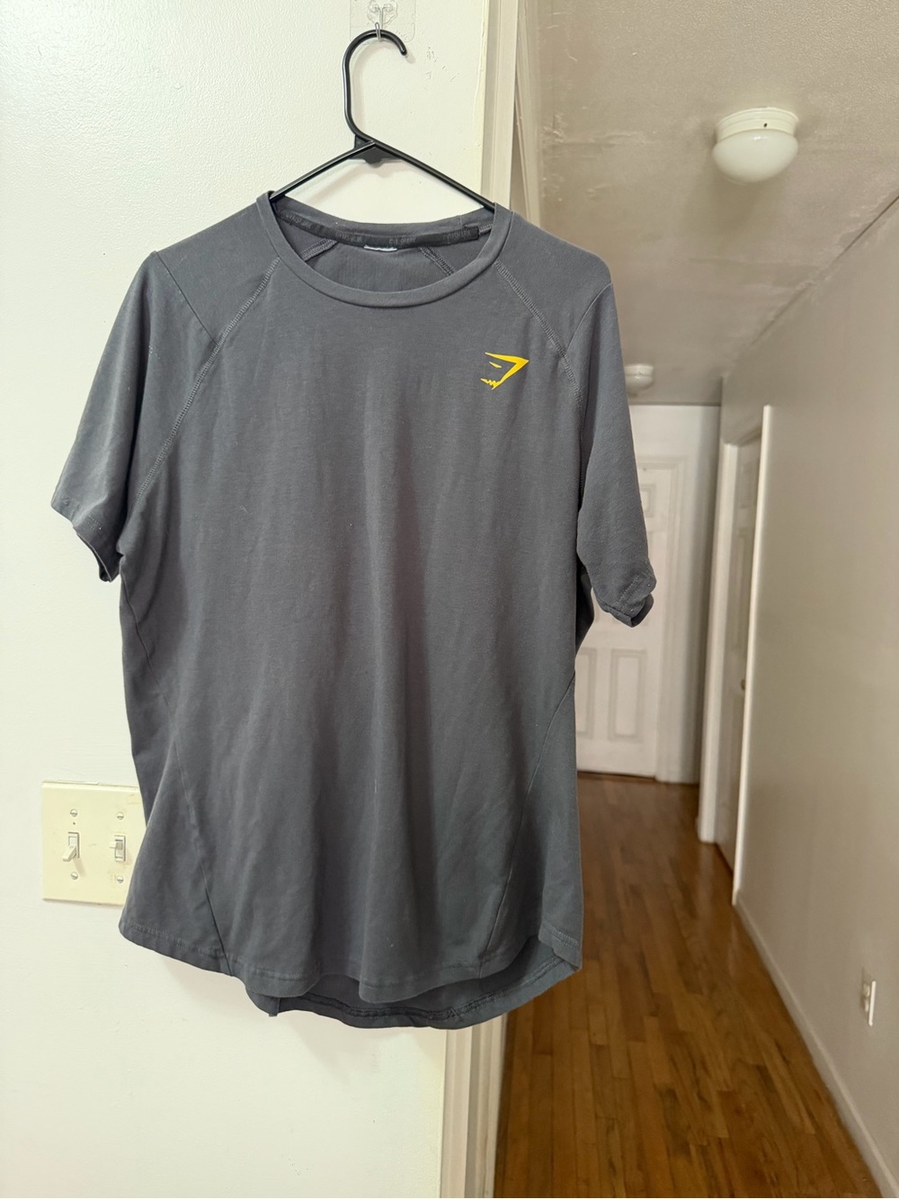 Gymshark Men's Charcoal Gray Short Sleeve Shirt with Yellow Logo